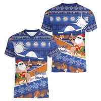 Marshall Islands Christmas Women V-Neck T-Shirt Beachy Santa Monono ilo raaneoan Nejin - Polynesian Pride