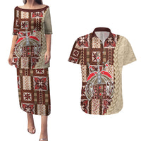 Samoa Tapau Couples Matching Puletasi Dress and Hawaiian Shirt Samoan Siapo Pattern LT14 Brown - Polynesian Pride