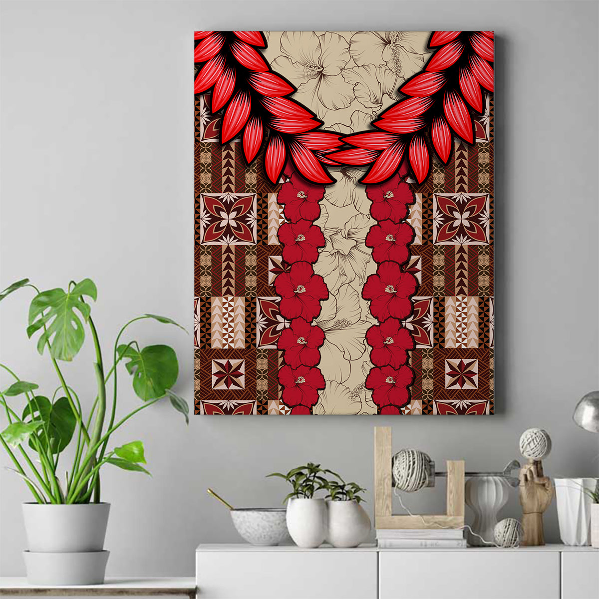 Samoa Siapo Canvas Wall Art Tapa Pattern Mix Ula Fala Hibiscus LT14 Brown - Polynesian Pride