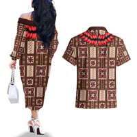 Samoa Siapo Couples Matching Off The Shoulder Long Sleeve Dress and Hawaiian Shirt Tapa Pattern Mix Ula Fala Hibiscus LT14 - Polynesian Pride