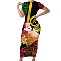 Vanuatu Christmas Short Sleeve Bodycon Dress Vanuatuan Conch Shell - Meri Krismas! LT14 Long Dress Black - Polynesian Pride
