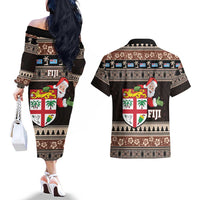 Fiji Christmas Couples Matching Off The Shoulder Long Sleeve Dress and Hawaiian Shirt Fijian Masi Marau na Kerisimasi! - Brown