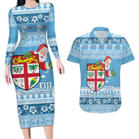 Fiji Christmas Couples Matching Long Sleeve Bodycon Dress and Hawaiian Shirt Fijian Masi Marau na Kerisimasi! - Blue