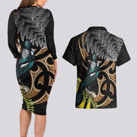 Aotearoa Kowhai Tui Bird Couples Matching Long Sleeve Bodycon Dress and Hawaiian Shirt Maori Ngaru With Silver Fern