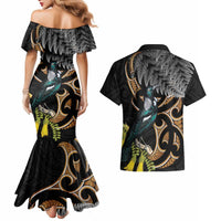 Aotearoa Kowhai Tui Bird Couples Matching Mermaid Dress and Hawaiian Shirt Maori Ngaru With Silver Fern
