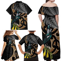 Aotearoa Kowhai Tui Bird Family Matching Off Shoulder Maxi Dress and Hawaiian Shirt Maori Ngaru With Silver Fern