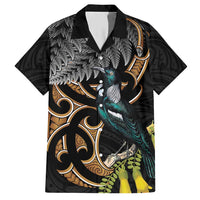 Aotearoa Kowhai Tui Bird Family Matching Short Sleeve Bodycon Dress and Hawaiian Shirt Maori Ngaru With Silver Fern LT14 Dad's Shirt - Short Sleeve Black - Polynesian Pride