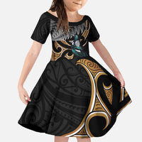 Aotearoa Kowhai Tui Bird Family Matching Tank Maxi Dress and Hawaiian Shirt Maori Ngaru With Silver Fern LT14 Daughter's Dress Black - Polynesian Pride