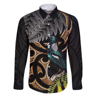 Aotearoa Kowhai Tui Bird Family Matching Tank Maxi Dress and Hawaiian Shirt Maori Ngaru With Silver Fern LT14 Dad's Shirt - Long Sleeve Black - Polynesian Pride