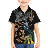 Aotearoa Kowhai Tui Bird Family Matching Tank Maxi Dress and Hawaiian Shirt Maori Ngaru With Silver Fern LT14 Son's Shirt Black - Polynesian Pride