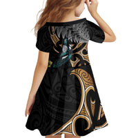 Aotearoa Kowhai Tui Bird Kid Short Sleeve Dress Maori Ngaru With Silver Fern