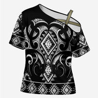 Black Ngaru Taniko With Aotearoa Maori Tattoo Cross Shoulder Shirt - Polynesian Pride