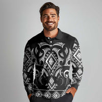 Black Ngaru Taniko With Aotearoa Maori Tattoo Long Sleeve Polo Shirt