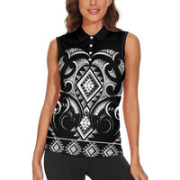 Black Ngaru Taniko With Aotearoa Maori Tattoo Women Sleeveless Polo Shirt