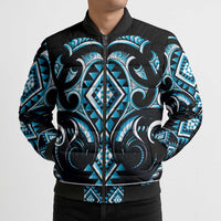 Blue Ngaru Taniko With Aotearoa Maori Tattoo Bomber Puffer Jacket LT14 - Polynesian Pride