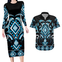 Blue Ngaru Taniko With Aotearoa Maori Tattoo Couples Matching Long Sleeve Bodycon Dress and Hawaiian Shirt