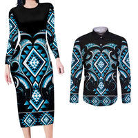 Blue Ngaru Taniko With Aotearoa Maori Tattoo Couples Matching Long Sleeve Bodycon Dress and Long Sleeve Button Shirt
