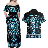 Blue Ngaru Taniko With Aotearoa Maori Tattoo Couples Matching Off Shoulder Maxi Dress and Hawaiian Shirt
