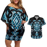 Blue Ngaru Taniko With Aotearoa Maori Tattoo Couples Matching Off Shoulder Short Dress and Hawaiian Shirt