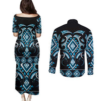 Blue Ngaru Taniko With Aotearoa Maori Tattoo Couples Matching Puletasi and Long Sleeve Button Shirt LT14 - Polynesian Pride