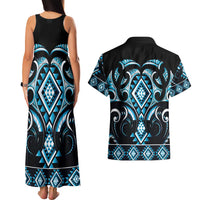 Blue Ngaru Taniko With Aotearoa Maori Tattoo Couples Matching Tank Maxi Dress and Hawaiian Shirt