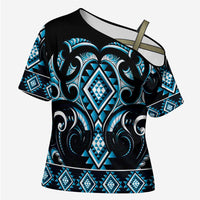 Blue Ngaru Taniko With Aotearoa Maori Tattoo Cross Shoulder Shirt LT14 Female Blue - Polynesian Pride