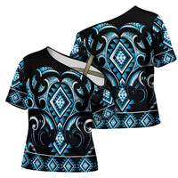 Blue Ngaru Taniko With Aotearoa Maori Tattoo Cross Shoulder Shirt LT14 - Polynesian Pride