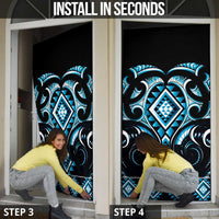 Blue Ngaru Taniko With Aotearoa Maori Tattoo Door Cover - Polynesian Pride