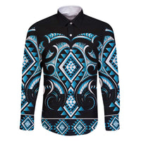 Blue Ngaru Taniko With Aotearoa Maori Tattoo Family Matching Mermaid Dress and Hawaiian Shirt LT14 Dad's Shirt - Long Sleeve Blue - Polynesian Pride