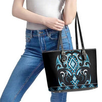 Blue Ngaru Taniko With Aotearoa Maori Tattoo Leather Tote Bag