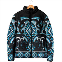 Blue Ngaru Taniko With Aotearoa Maori Tattoo Padded Jacket LT14 - Polynesian Pride