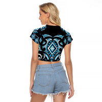 Blue Ngaru Taniko With Aotearoa Maori Tattoo Raglan Cropped T Shirt