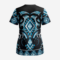 Blue Ngaru Taniko With Aotearoa Maori Tattoo Scrub Top - Polynesian Pride