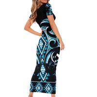 Blue Ngaru Taniko With Aotearoa Maori Tattoo Short Sleeve Bodycon Dress