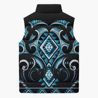 Blue Ngaru Taniko With Aotearoa Maori Tattoo Sleeveless Puffer Jacket LT14 - Polynesian Pride