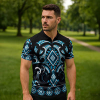 Blue Ngaru Taniko With Aotearoa Maori Tattoo Zipper Polo Shirt - Polynesian Pride