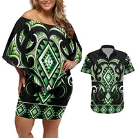 Green Ngaru Taniko With Aotearoa Maori Tattoo Couples Matching Off Shoulder Short Dress and Hawaiian Shirt