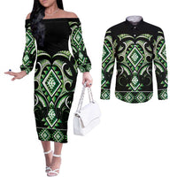 Green Ngaru Taniko With Aotearoa Maori Tattoo Couples Matching Off The Shoulder Long Sleeve Dress and Long Sleeve Button Shirt