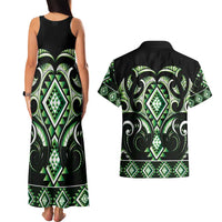 Green Ngaru Taniko With Aotearoa Maori Tattoo Couples Matching Tank Maxi Dress and Hawaiian Shirt