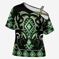 Green Ngaru Taniko With Aotearoa Maori Tattoo Cross Shoulder Shirt LT14 Female Green - Polynesian Pride