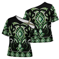 Green Ngaru Taniko With Aotearoa Maori Tattoo Cross Shoulder Shirt LT14 - Polynesian Pride