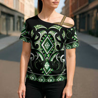 Green Ngaru Taniko With Aotearoa Maori Tattoo Cross Shoulder Shirt LT14 - Polynesian Pride