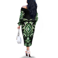 Green Ngaru Taniko With Aotearoa Maori Tattoo Family Matching Off The Shoulder Long Sleeve Dress and Hawaiian Shirt