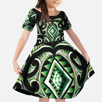 Green Ngaru Taniko With Aotearoa Maori Tattoo Family Matching Puletasi and Hawaiian Shirt LT14 Daughter's Dress Green - Polynesian Pride