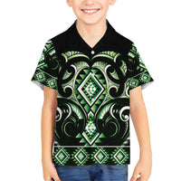 Green Ngaru Taniko With Aotearoa Maori Tattoo Family Matching Short Sleeve Bodycon Dress and Hawaiian Shirt LT14 Son's Shirt Green - Polynesian Pride