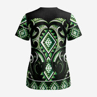 Green Ngaru Taniko With Aotearoa Maori Tattoo Scrub Top - Polynesian Pride