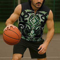 Green Ngaru Taniko With Aotearoa Maori Tattoo Sleeveless Zip Hoodie - Polynesian Pride