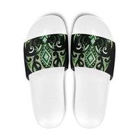 Green Ngaru Taniko With Aotearoa Maori Tattoo Slide Sandals - Polynesian Pride