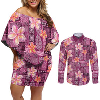 Pink Hawaii Plumeria With Tropical Flowers Motifs Couples Matching Off Shoulder Short Dress and Long Sleeve Button Shirt