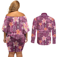 Pink Hawaii Plumeria With Tropical Flowers Motifs Couples Matching Off Shoulder Short Dress and Long Sleeve Button Shirt